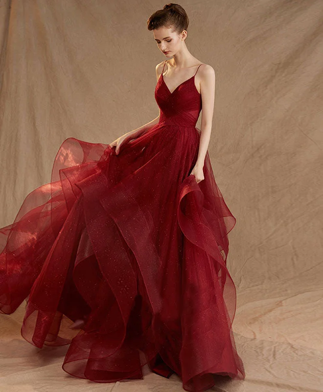 Burgundy Tulle Long Prom Dress, Burgundy Tulle Evening Dress