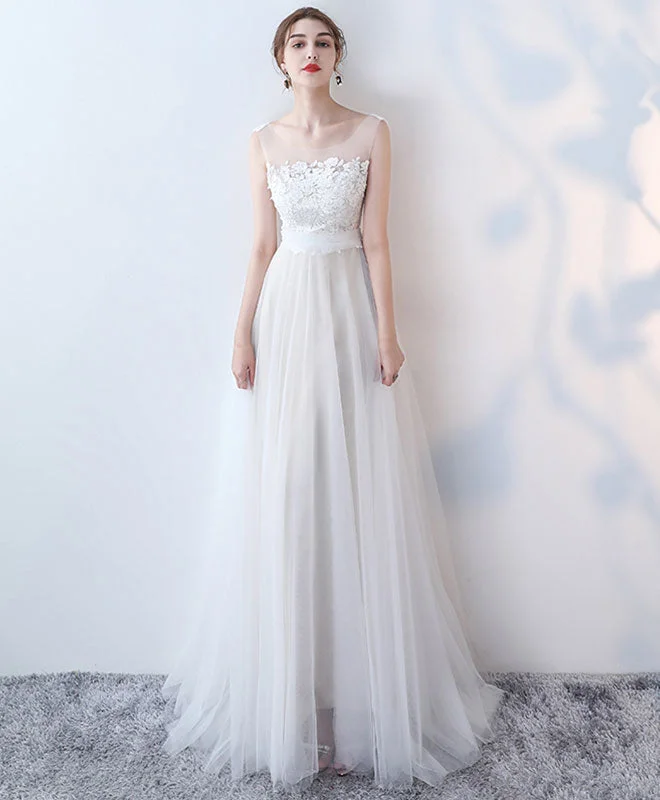 Elegant White Lace Tulle Long Prom Dress, White Evening Dress