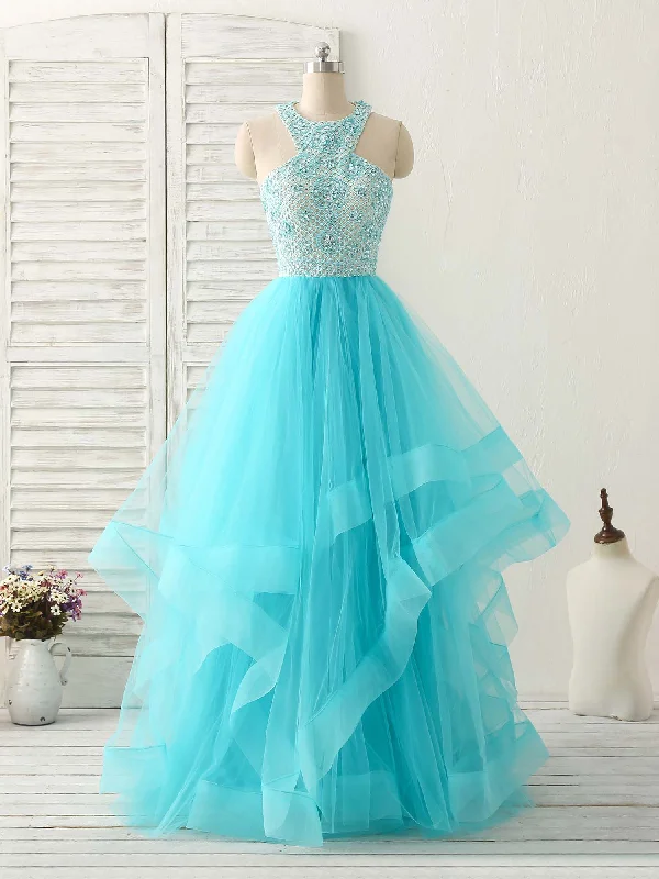 Blue High Neck Tulle Long Prom Dress Blue Evening Dress