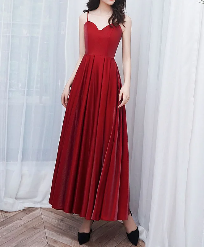 Simple Burgundy Sweetheart Neck Prom Dress, Burgundy Tea Length Evening Dress