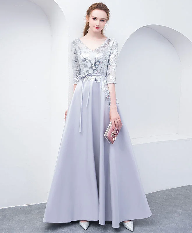 Gray V Neck Sequin Long Prom Dress, Gray Evening Dress