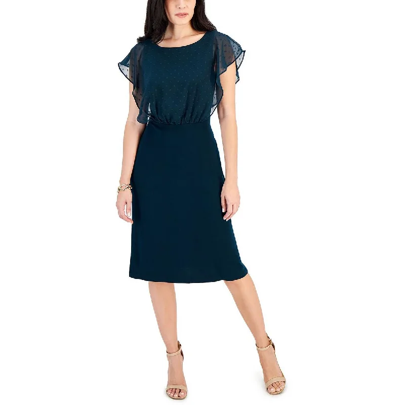 Connected Apparel Womens Petites Below Knee Flutter Sleeve Midi Dress