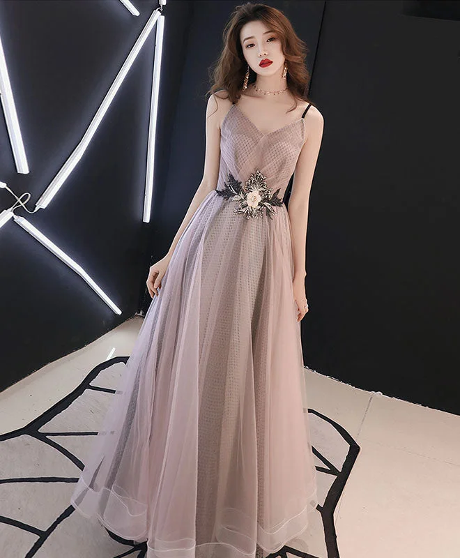 Champagne V Neck Tulle Long Prom Dress, Evening Dress