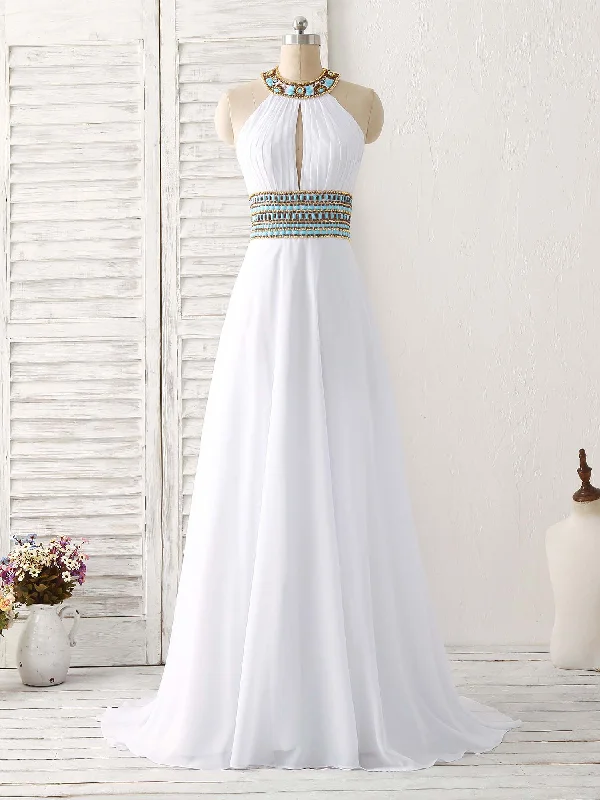 White Chiffon Beads Long Prom Dress, White Evening Dress