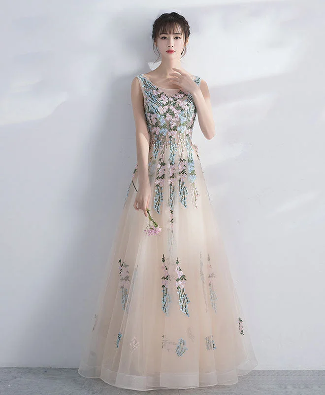 Champagne Round Neck Tulle Lace Long Prom Dress, Evening Dress