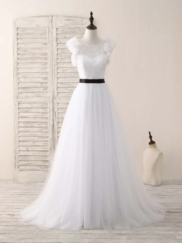 White A-Line Lace Tulle Long Prom Dress, White Evening Dress