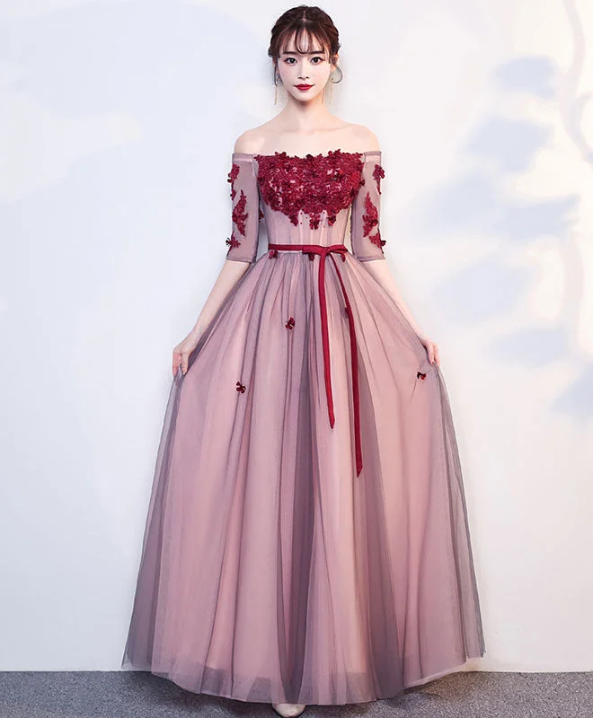 Burgundy Tulle Lace Long Prom Dress, Burgundy Tulle Evening Dress