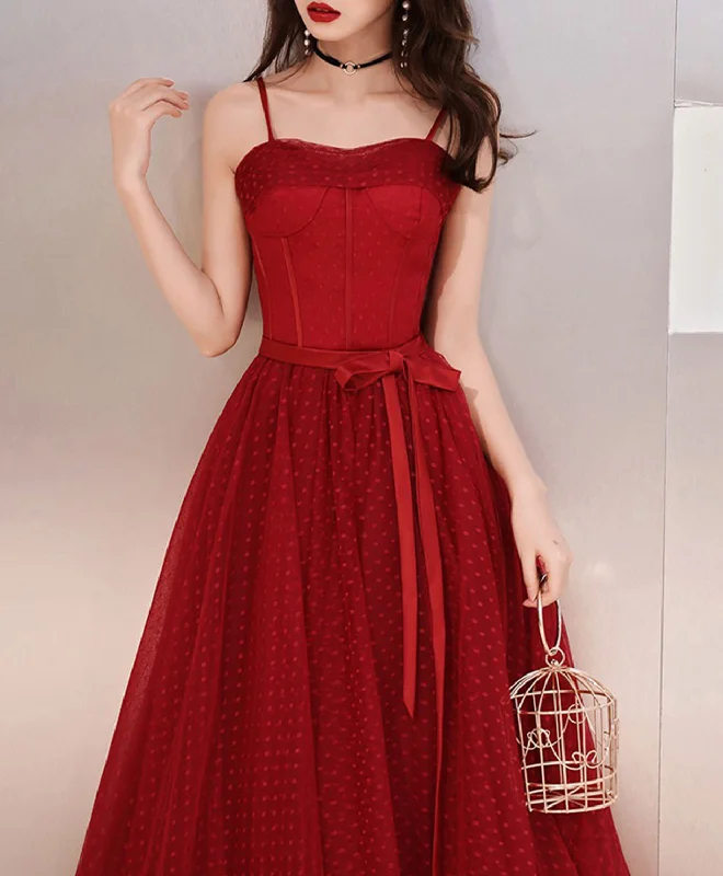 Burgundy Tulle Lace Long Prom Dress, Burgundy Evening Dress