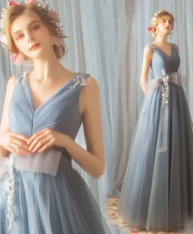 Blue V Neck Tulle Lace Long Prom Dress, Evening Dress