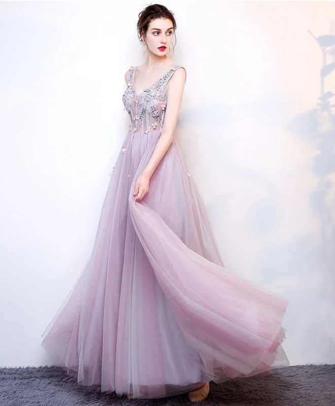 A Line V Neck Lace Tulle Long Prom Dress, Lace Evening Dress