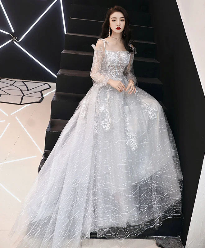 Gray Tulle Lace Long Prom Dress, Gray Tulle Evening Dress