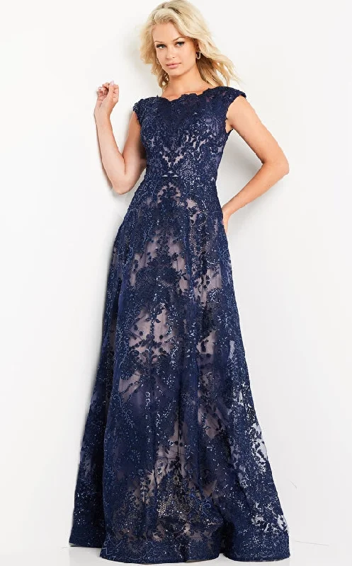 Jovani 09501 Navy Lace Long High Neck Evening Dress