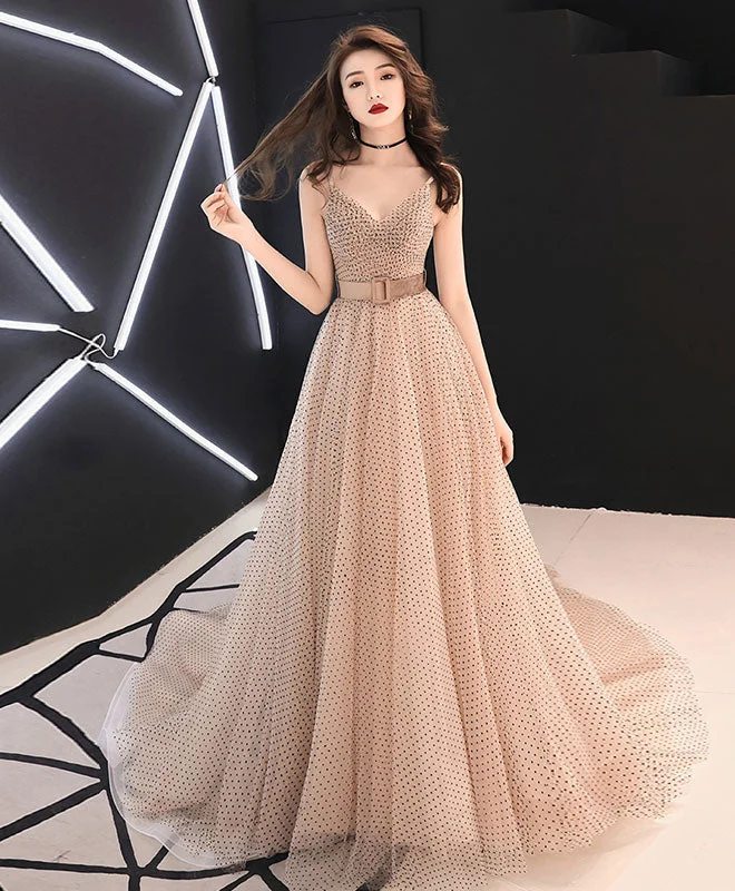 Champagne Sweetheart Tulle Long Prom Dress, Champagne Tulle Evening Dress