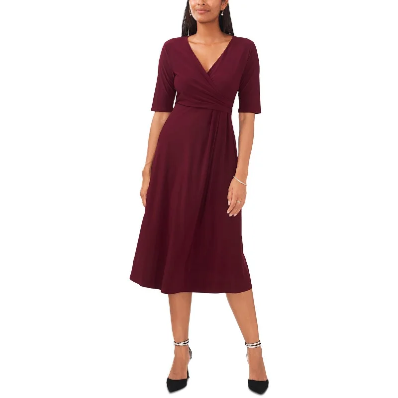 MSK Womens Petites V-Neck Short Sleeve Midi Dress