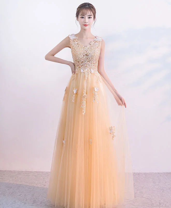 Champagne Tulle Lace Long Prom Dress. Champagne Tulle Evening Dress