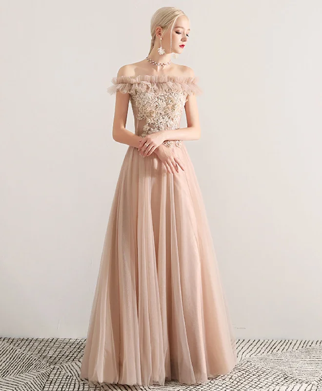 Champagne Tulle Lace Long Prom Dress, Champagne Tulle Evening Dress