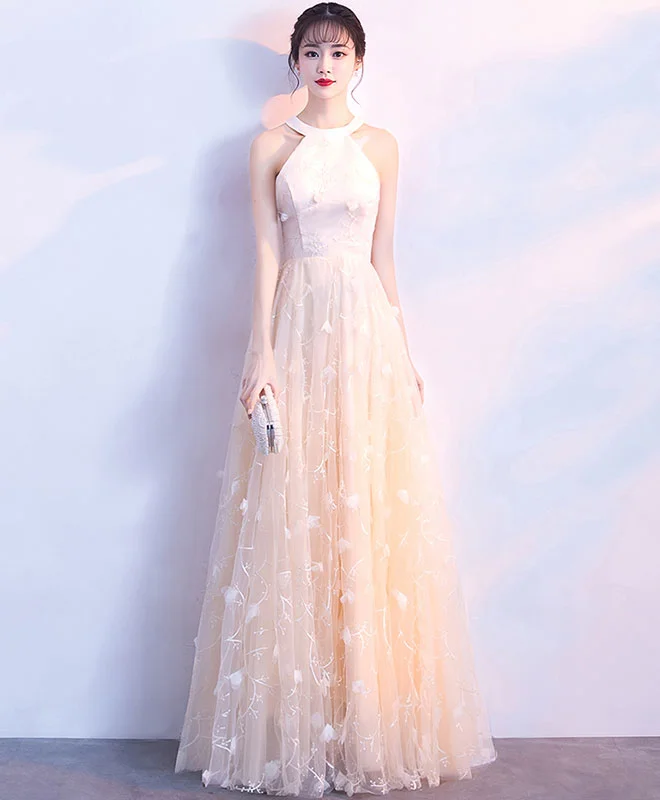 Champagne Lace Tulle Long Prom Dress, Champagne Evening Dress