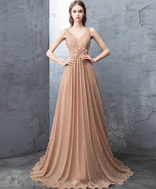 Unique Gold V Neck Tulle Long Prom Dress, Gold Tulle Evening Dress