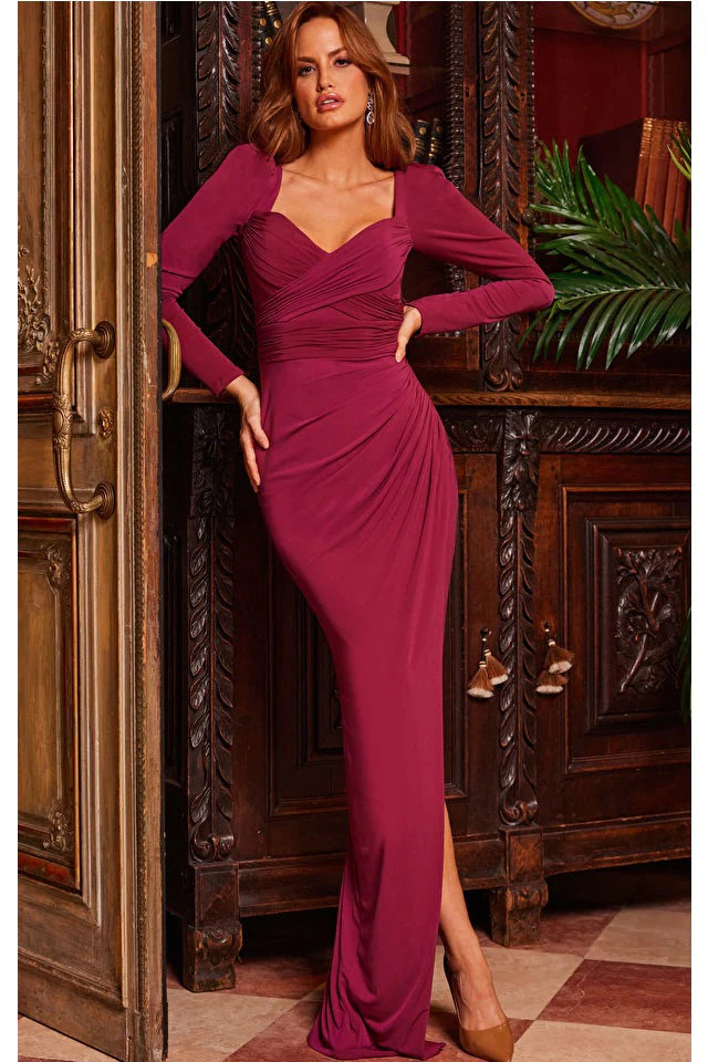 Jovani 09763 Burgundy Long Sleeve Fitted Evening Dress