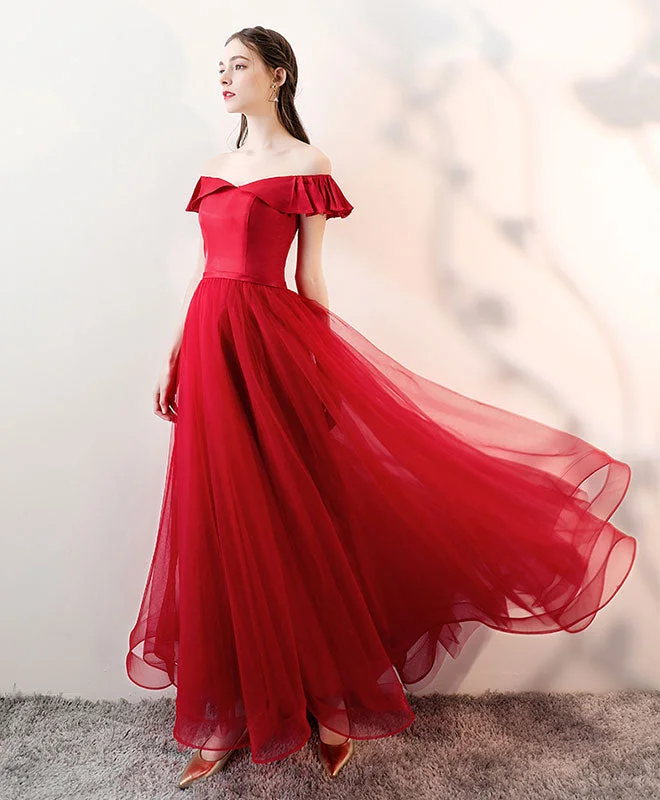 Simple Burgundy Tulle Long Prom Dress, Burgundy Tulle Evening Dress