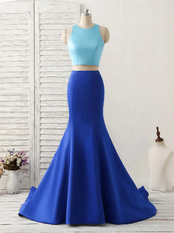 Royal Blue Two Pieces Satin Long Prom Dress, Blue Evening Dress