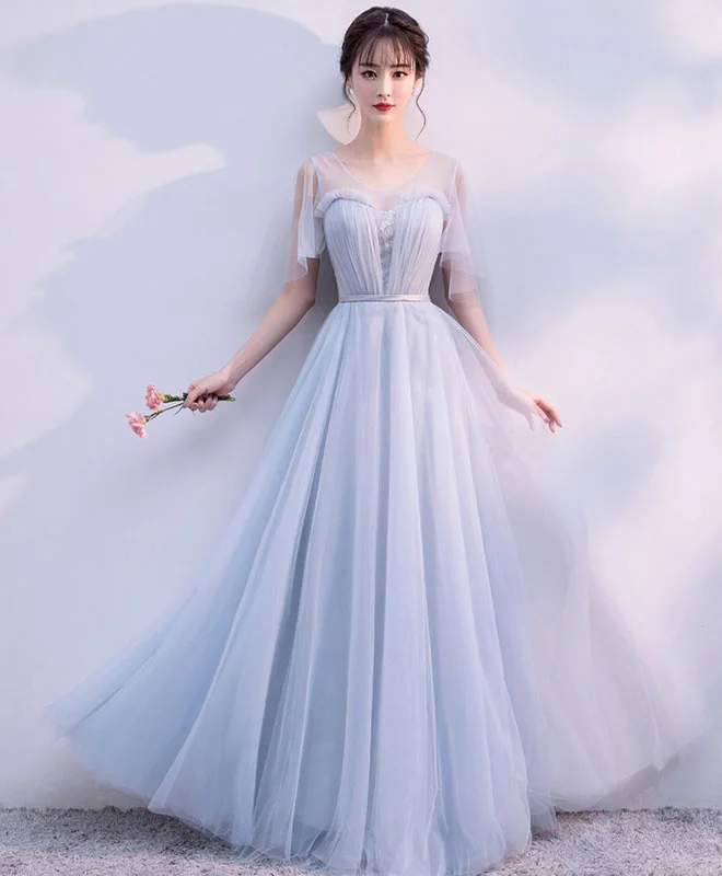 Gray V Neck Tulle Long Prom Dress, Gray Tulle Evening Dress