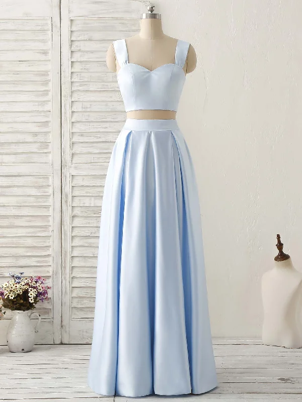 Light Blue Two Pieces Satin Long Prom Dress Simple Evening Dress