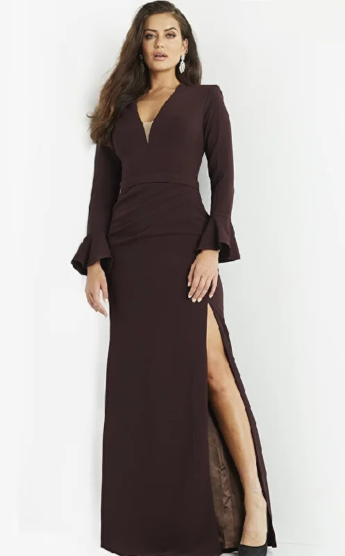 Jovani 09097 Plum Plunging Neck Long Sleeve Evening Dress