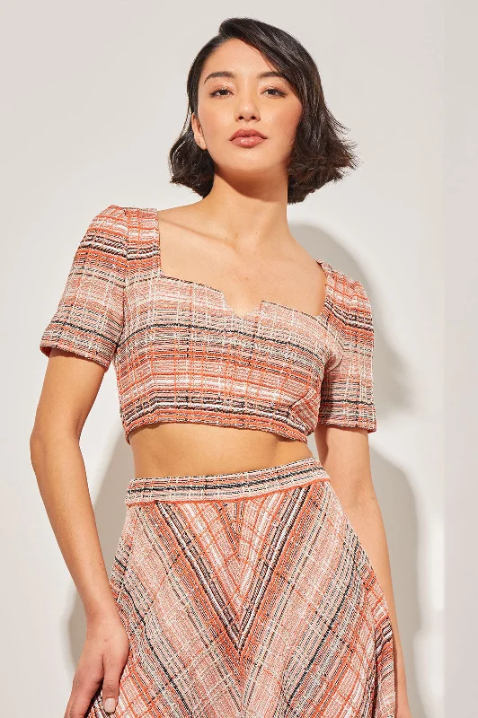 Modern Fit Crop Square Split V-Neck Top - Tweed Knit