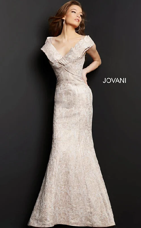 Jovani 08656 Blush Off the Shoulder V Neck Evening Dress