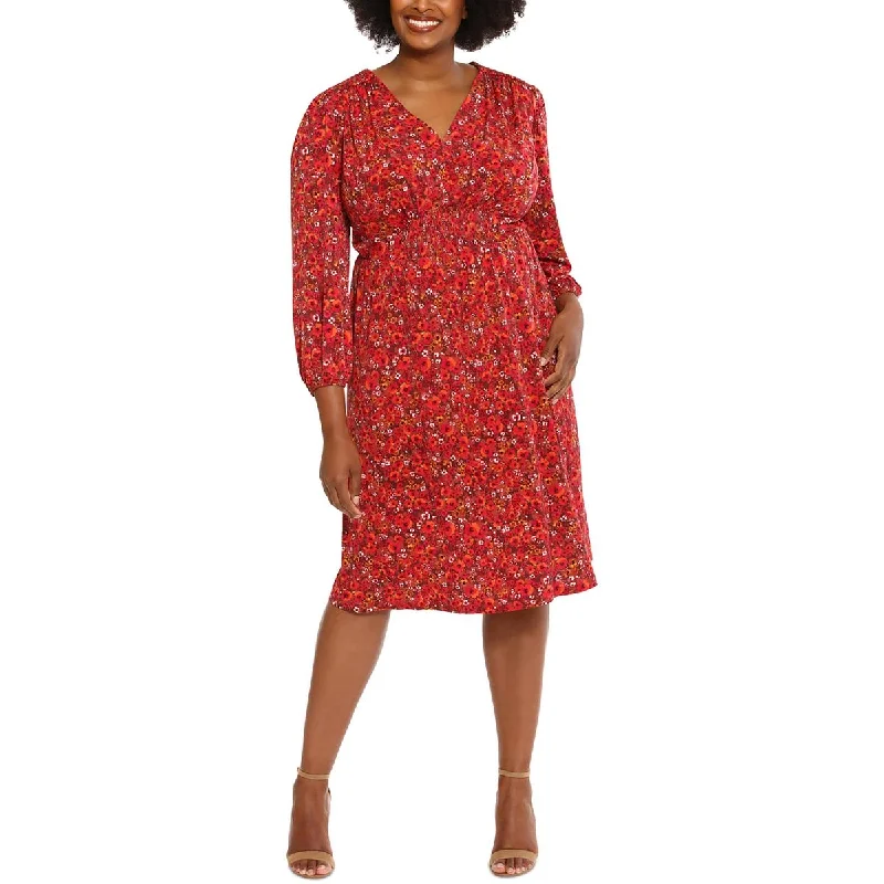 London Times Womens Plus Smocked Semi-Formal Midi Dress