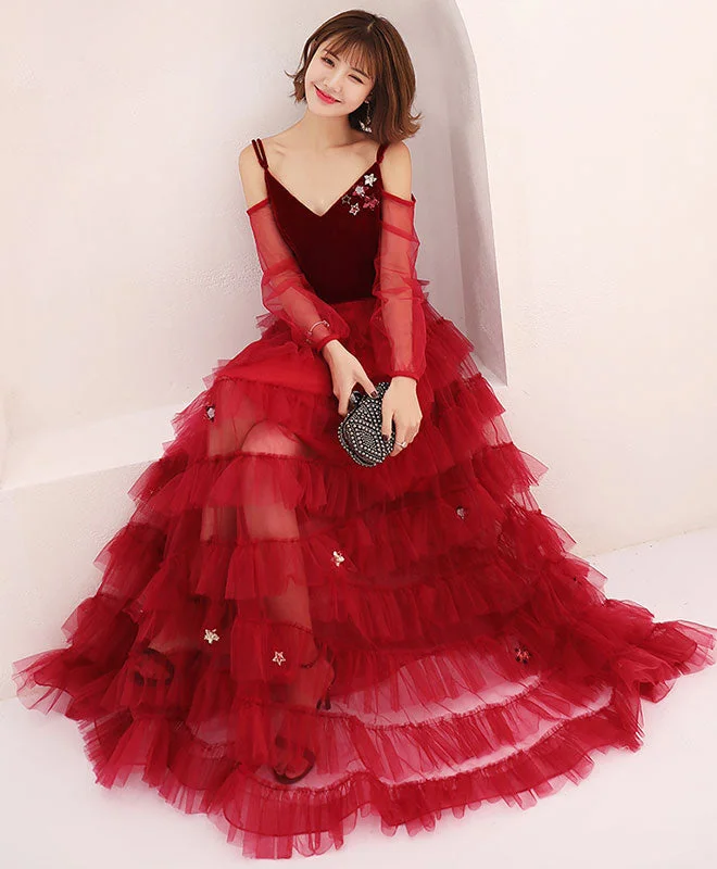 Burgundy Tulle Off Shoulder Long Prom Dress, Burgundy Evening Dress