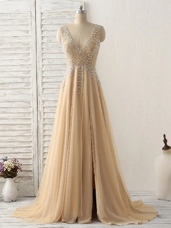 Champagne V Neck Beads Long Prom Dress Tulle Evening Dress