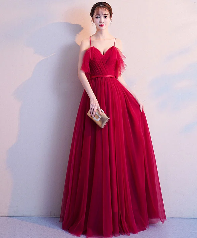 Simple Burgundy Tulle Long Prom Dress, Burgundy Evening Dress