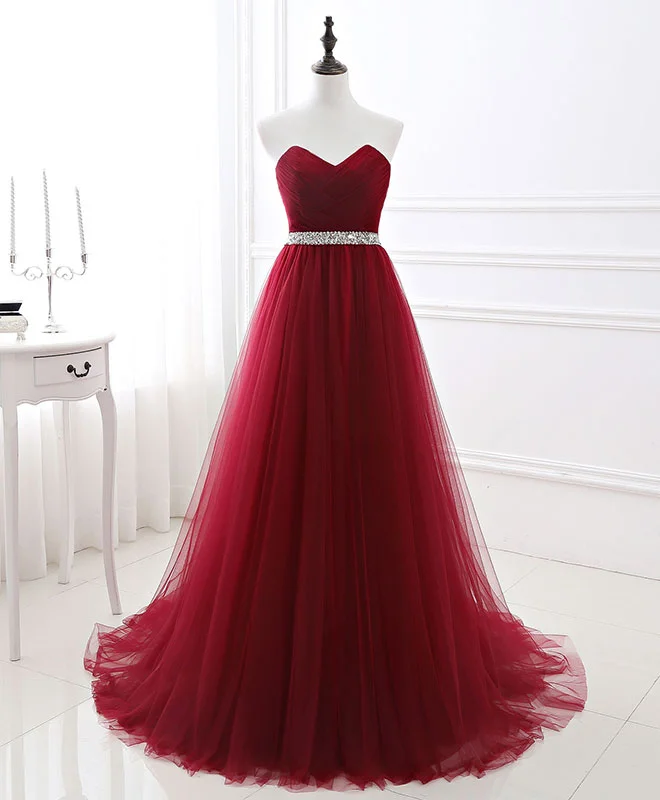 Burgundy Sweet Neck Tulle Long Prom Gown, Burgundy Evening Dress