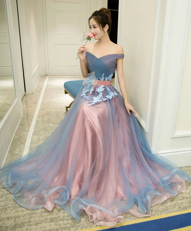 Gray Blue Tulle Off Shoulder Long Prom Dress, Gray Blue Evening Dress