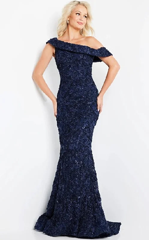 Jovani 09766 Navy Lace Off the Shoulder Evening Dress