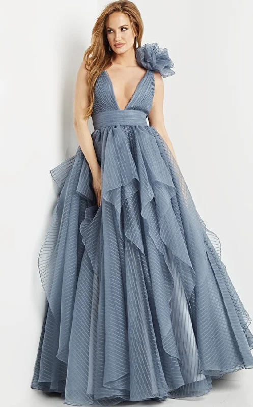 Jovani 55210 Grey Blue V Neck Sleeveless Evening Ballgown