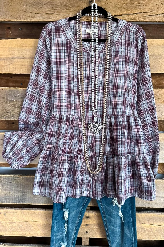 Much To Do Plaid Blouse - Wine - 100% COTTON