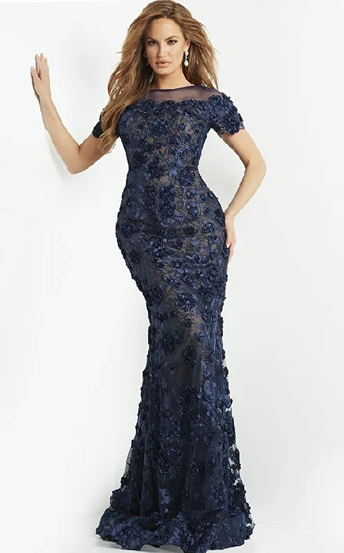 Jovani 06863 Navy Illusion Neck Floral Evening Dress