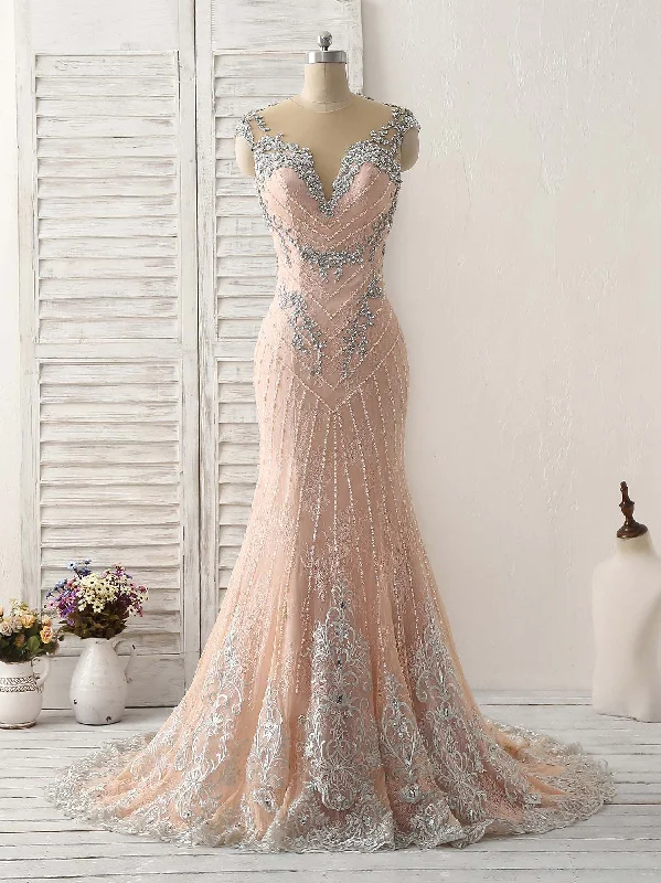 Pink Mermaid Sequin Beads Long Lace Prom Dresses, Pink Evening Dresses