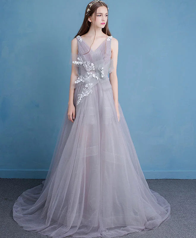 Unique V Neck Tulle Long Prom Dress, Tulle Long Evening Dresses