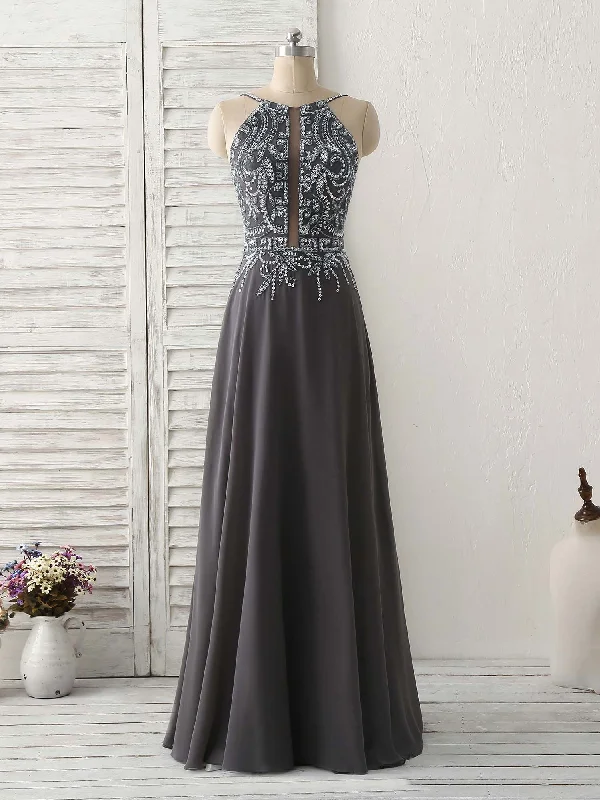 Dark Gray Sequin Beads Long Prom Dress Backless Evening Dress