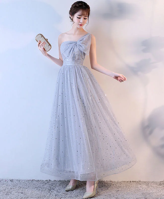 Cute Gray One Shoulder Long Prom Dress, Evening Dress