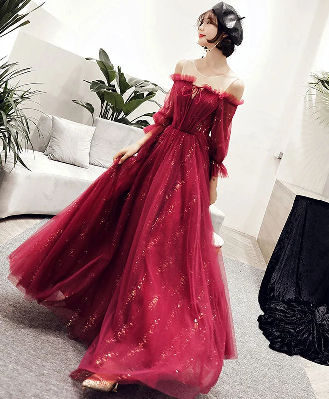 Dark Red Tulle Lace Long Prom Dress, Dark Red  Evening Dress