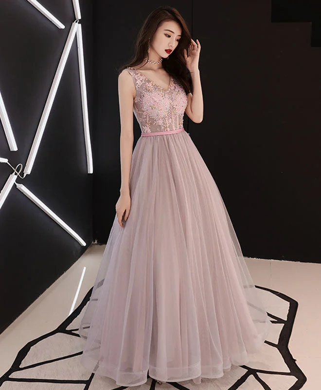 Dusty Pink V Neck Sequins Long Prom Dress, Evening Dress