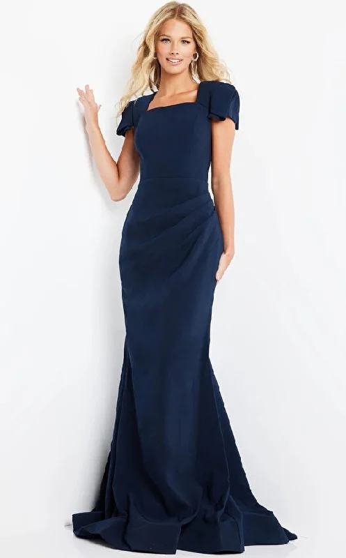 Jovani 09757 Navy Short Sleeve Sheath Evening Gown