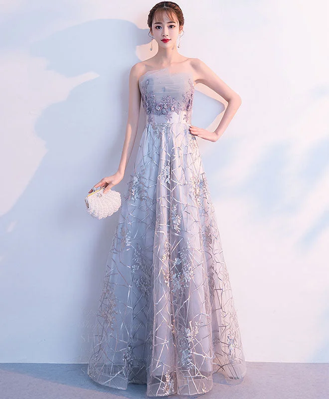 Gray Tulle Lace Long Prom Dress, Gray Tulle Evening Dress