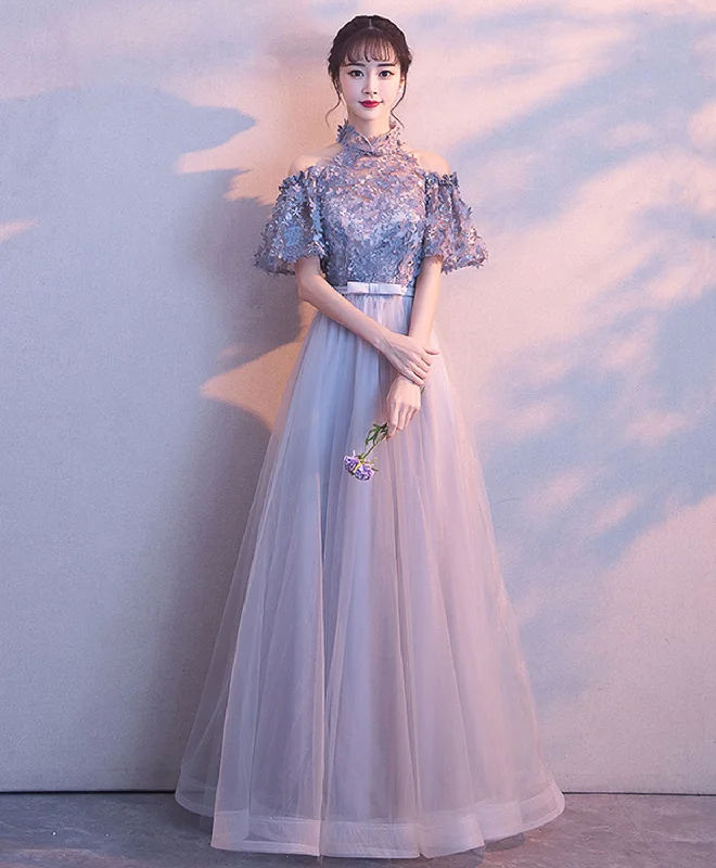 Unique Gray Tulle Applique Long Prom Dress, Gray Tulle Evening Dress