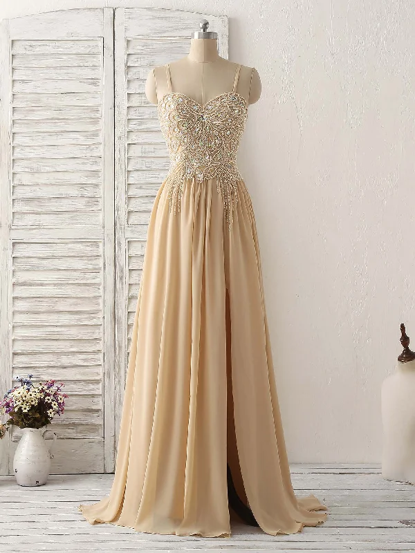 Champagne Sweetheart Neck Beads Long Prom Dress Evening Dress